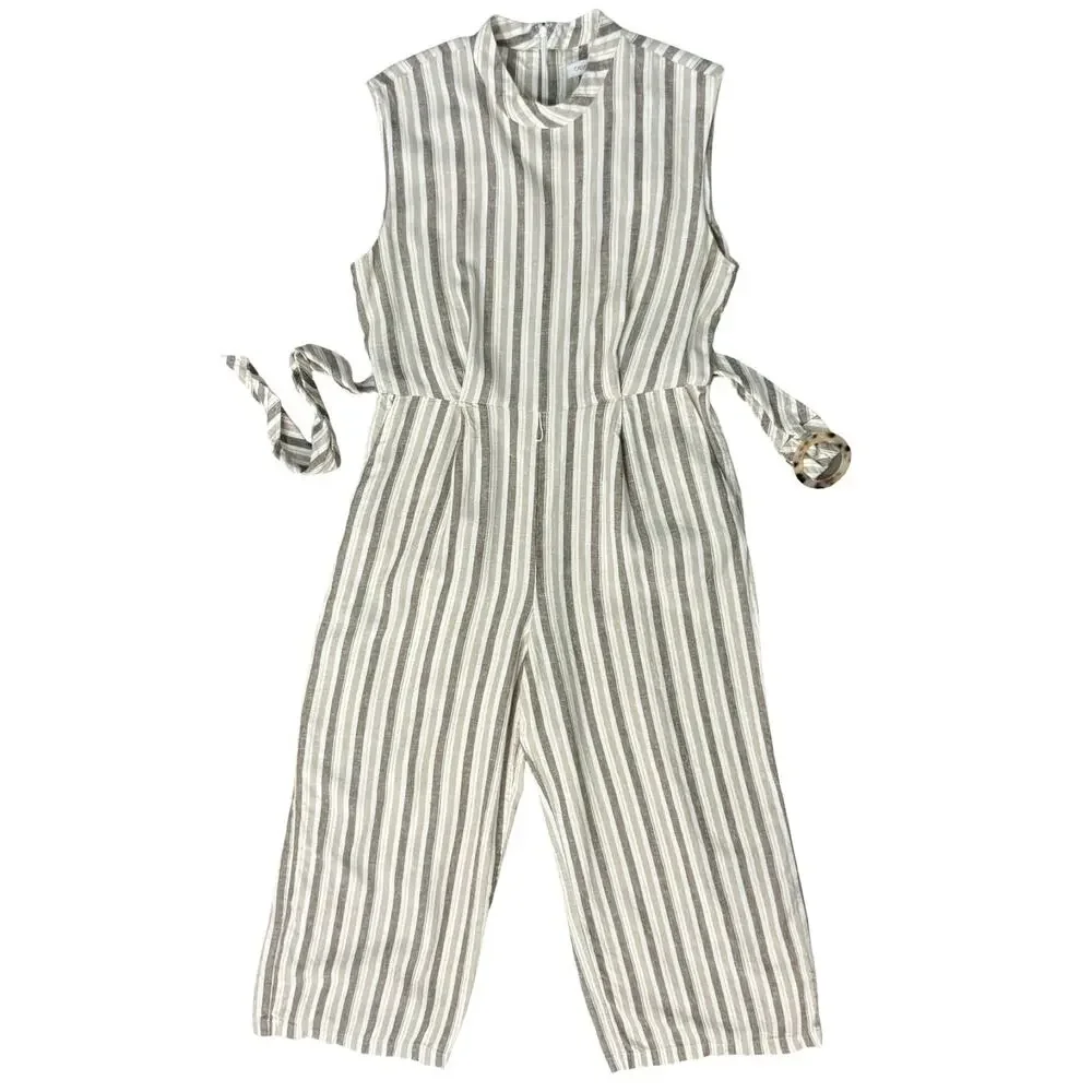 Calvin Klein White Beige Mock Neck Pinstripe Linen Blend Cropped Jumpsuit sz 12 - Picture 16 of 16